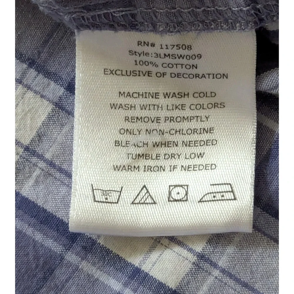 Levi's The Two Horse Brand Shirt Men's XL White Blue Plaid Tab Sleeve Pearl Snap